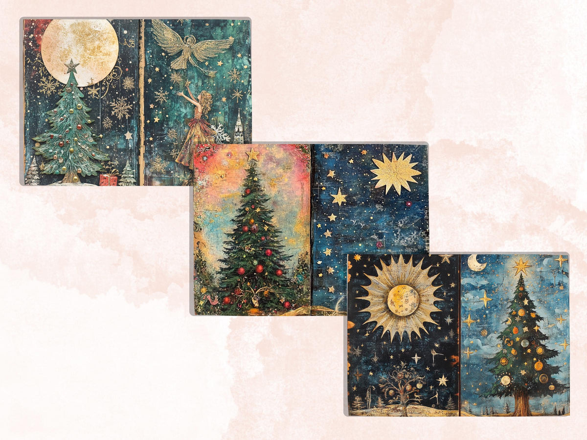 Celestial Christmas Junk Journal Kit, Starry Holly Noel Pages Ephemera, Mixed Media Collage Sheet, Xmas Scrapbook Paper, Christmas ATC Card