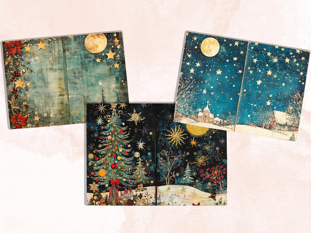 Celestial Christmas Junk Journal Kit, Starry Holly Noel Pages Ephemera, Mixed Media Collage Sheet, Xmas Scrapbook Paper, Christmas ATC Card