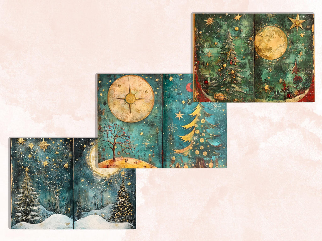 Celestial Christmas Junk Journal Kit, Starry Holly Noel Pages Ephemera, Mixed Media Collage Sheet, Xmas Scrapbook Paper, Christmas ATC Card