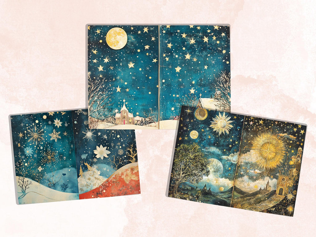 Celestial Christmas Junk Journal Kit, Starry Holly Noel Pages Ephemera, Mixed Media Collage Sheet, Xmas Scrapbook Paper, Christmas ATC Card
