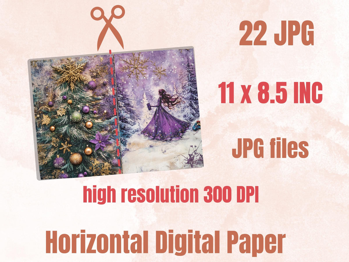 Purple Christmas Junk Journal Kit, Whimsical Noel Pages Ephemera, Mixed Media Collage Sheet, Xmas Scrapbook Paper, Christmas ATC Card