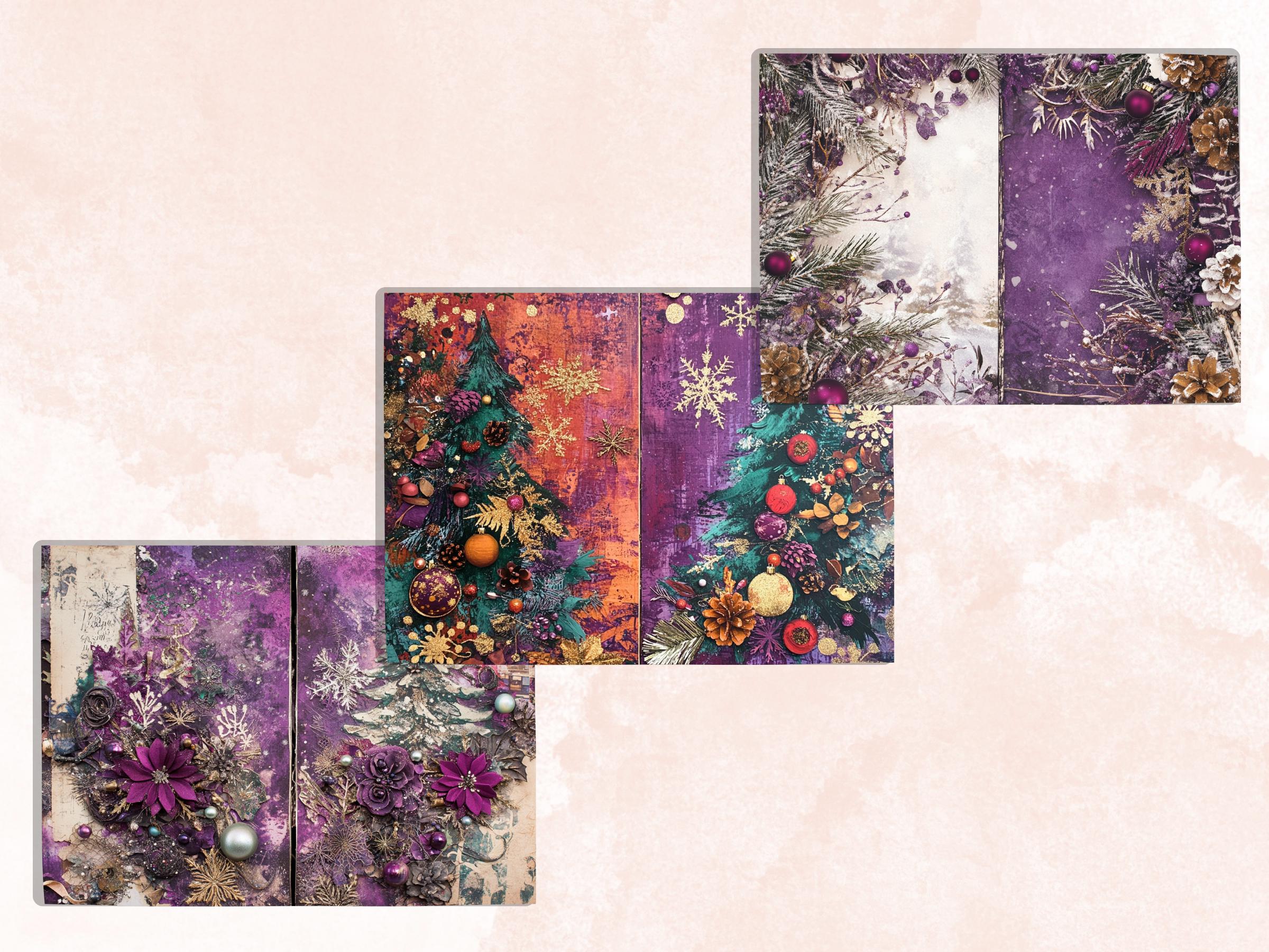 Purple Christmas Junk Journal Kit, Whimsical Noel Pages Ephemera, Mixed Media Collage Sheet, Xmas Scrapbook Paper, Christmas ATC Card