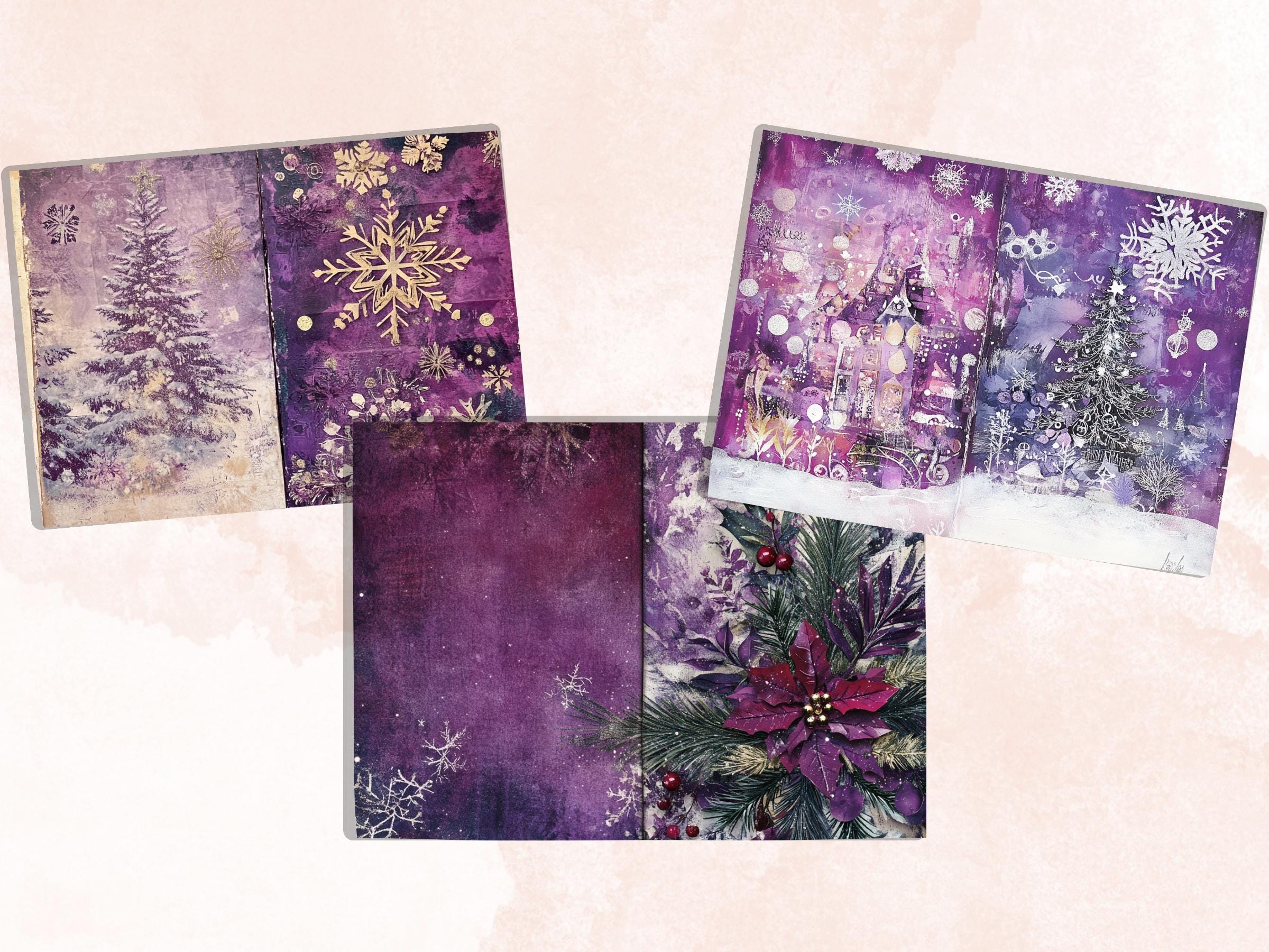 Purple Christmas Junk Journal Kit, Whimsical Noel Pages Ephemera, Mixed Media Collage Sheet, Xmas Scrapbook Paper, Christmas ATC Card