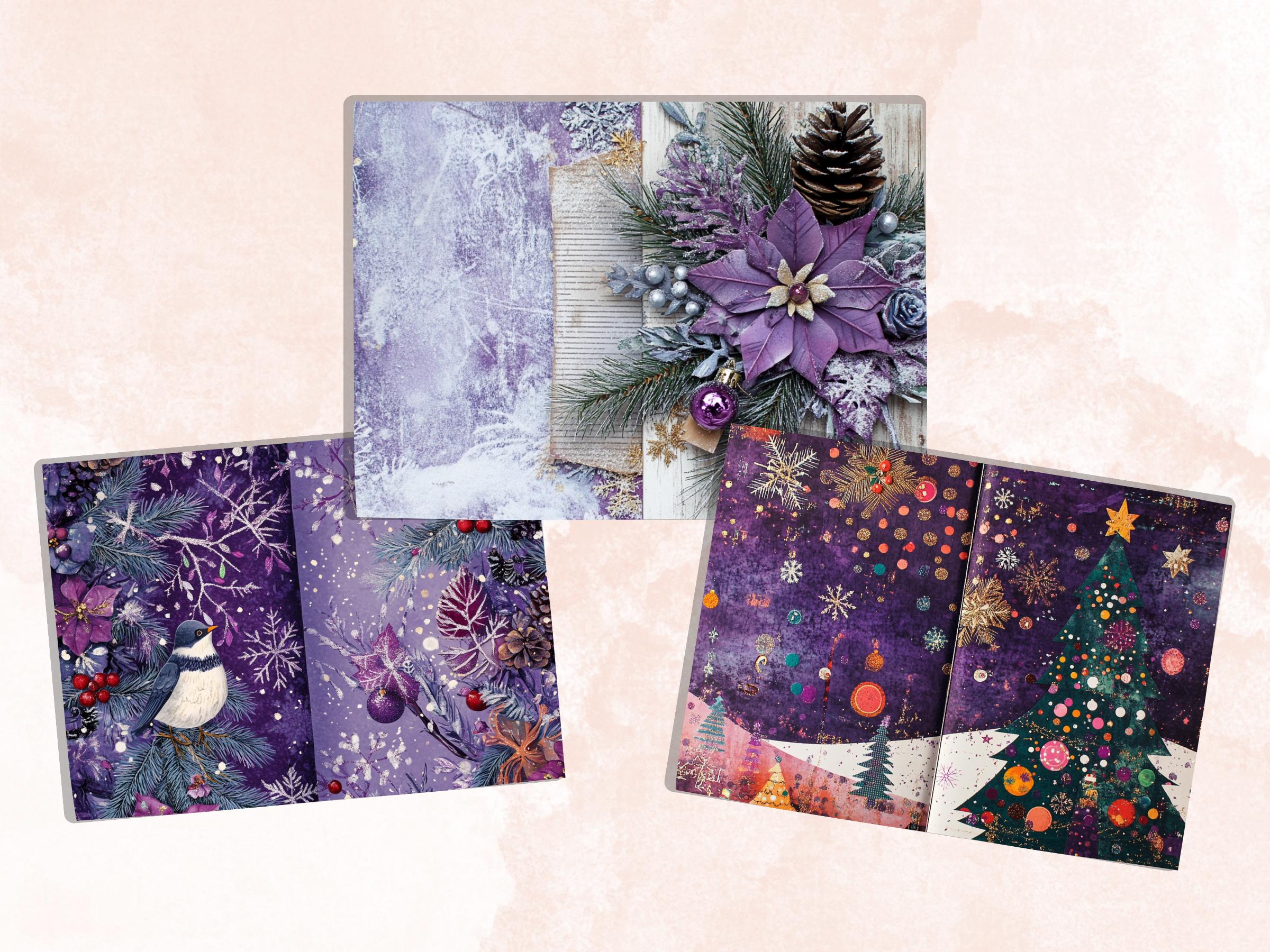 Purple Christmas Junk Journal Kit, Whimsical Noel Pages Ephemera, Mixed Media Collage Sheet, Xmas Scrapbook Paper, Christmas ATC Card