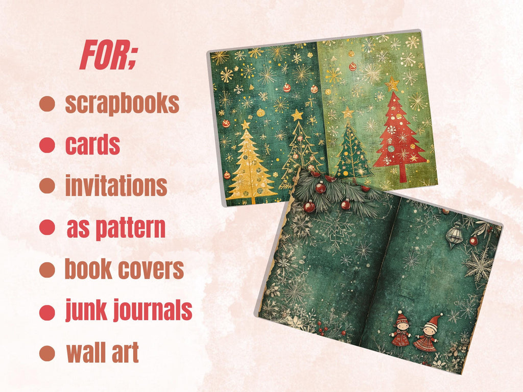 Green Christmas Junk Journal Kit, Whimsical Noel Pages Ephemera, Mixed Media Collage Sheet, Xmas Scrapbook Paper, Christmas ATC Card