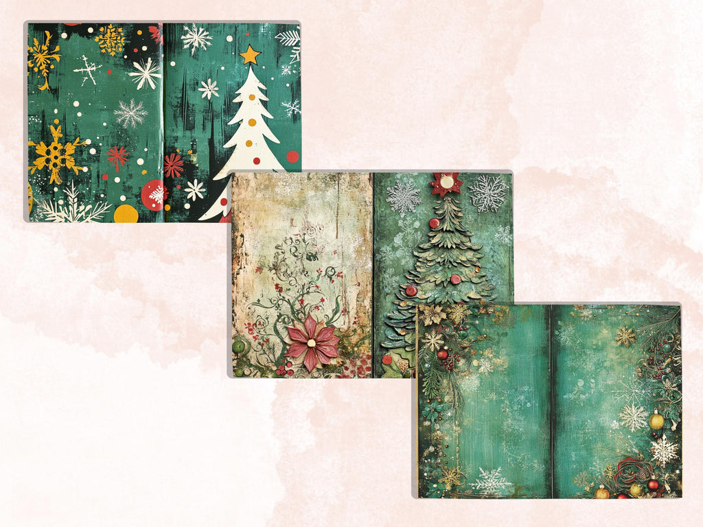 Green Christmas Junk Journal Kit, Whimsical Noel Pages Ephemera, Mixed Media Collage Sheet, Xmas Scrapbook Paper, Christmas ATC Card