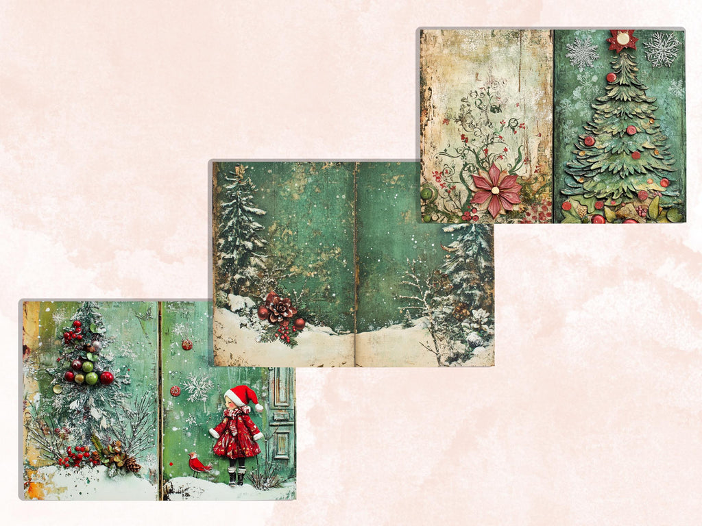 Green Christmas Junk Journal Kit, Whimsical Noel Pages Ephemera, Mixed Media Collage Sheet, Xmas Scrapbook Paper, Christmas ATC Card