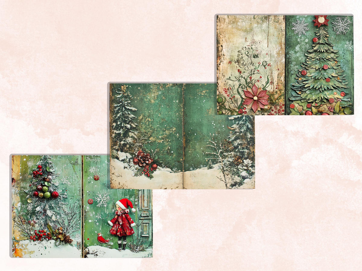Green Christmas Junk Journal Kit, Whimsical Noel Pages Ephemera, Mixed Media Collage Sheet, Xmas Scrapbook Paper, Christmas ATC Card