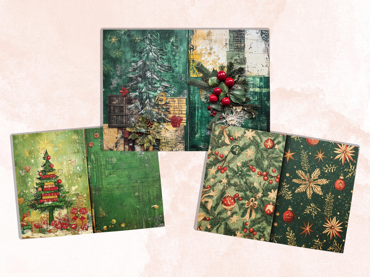Green Christmas Junk Journal Kit, Whimsical Noel Pages Ephemera, Mixed Media Collage Sheet, Xmas Scrapbook Paper, Christmas ATC Card