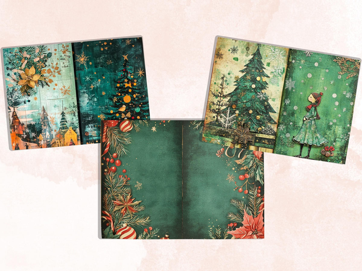 Green Christmas Junk Journal Kit, Whimsical Noel Pages Ephemera, Mixed Media Collage Sheet, Xmas Scrapbook Paper, Christmas ATC Card
