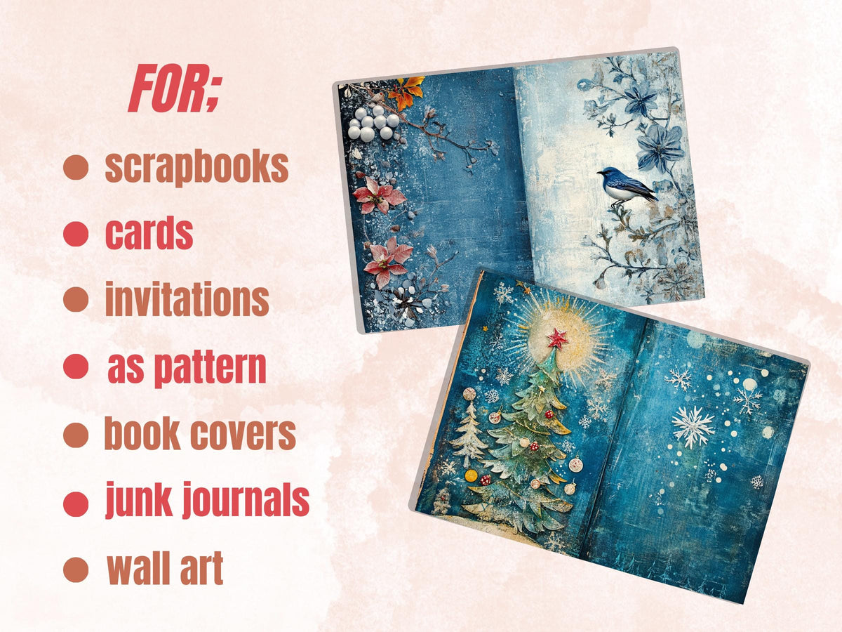 Blue Christmas Junk Journal Kit, Whimsical Noel Pages Ephemera, Mixed Media Collage Sheet, Xmas Scrapbook Paper, Winter Christmas ATC Card