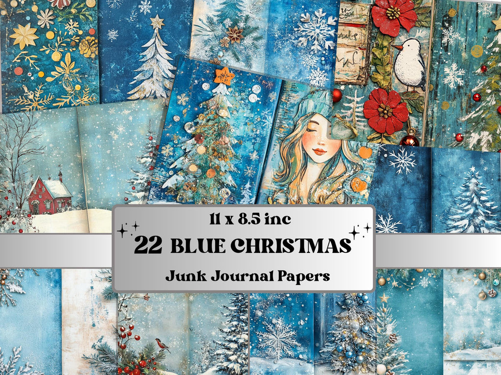 Blue Christmas Junk Journal Kit, Whimsical Noel Pages Ephemera, Mixed Media Collage Sheet, Xmas Scrapbook Paper, Winter Christmas ATC Card
