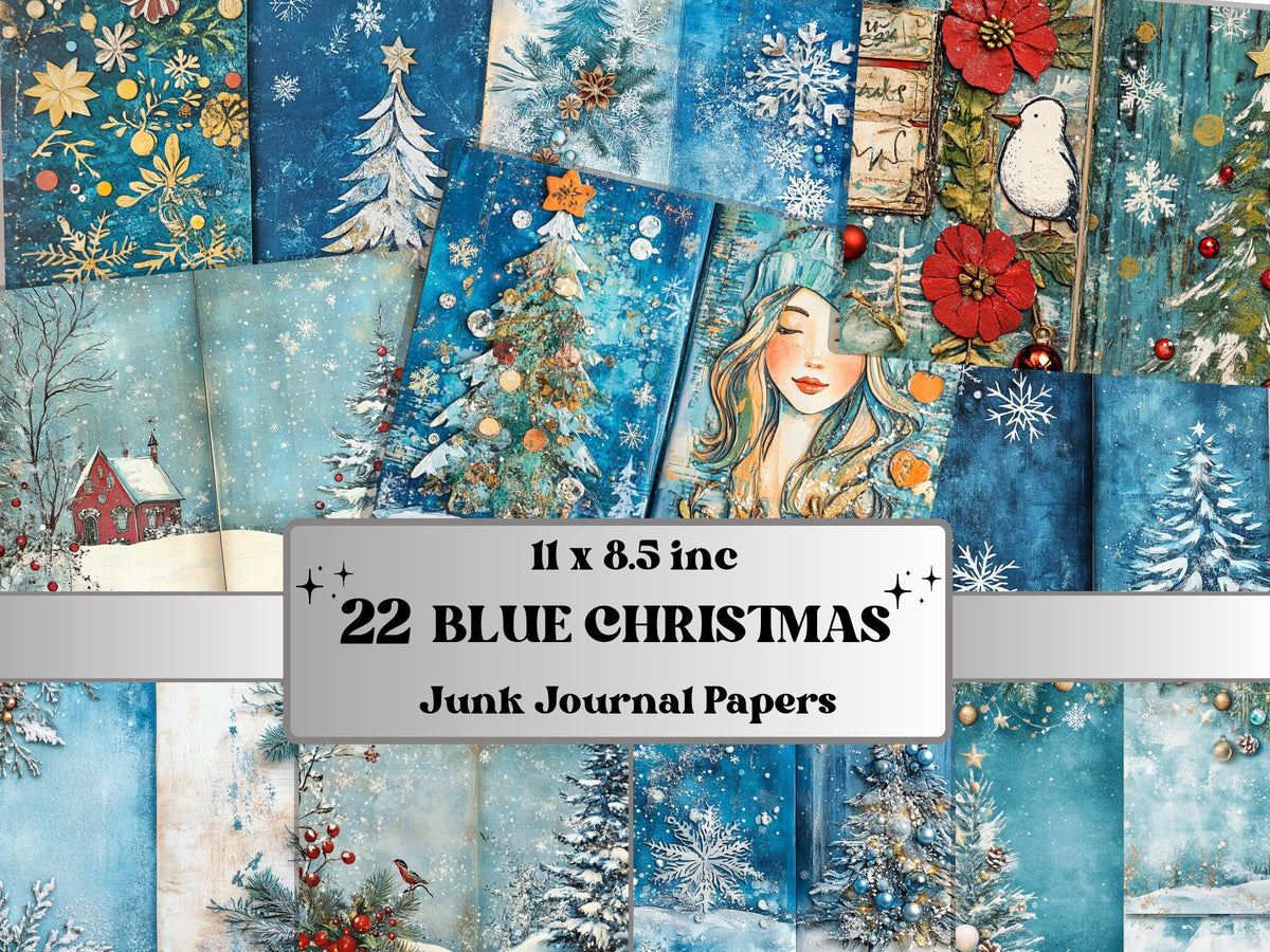 Blue Christmas Junk Journal Kit, Whimsical Noel Pages Ephemera, Mixed Media Collage Sheet, Xmas Scrapbook Paper, Winter Christmas ATC Card