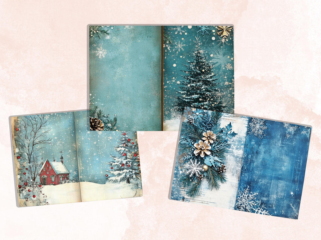 Blue Christmas Junk Journal Kit, Whimsical Noel Pages Ephemera, Mixed Media Collage Sheet, Xmas Scrapbook Paper, Winter Christmas ATC Card