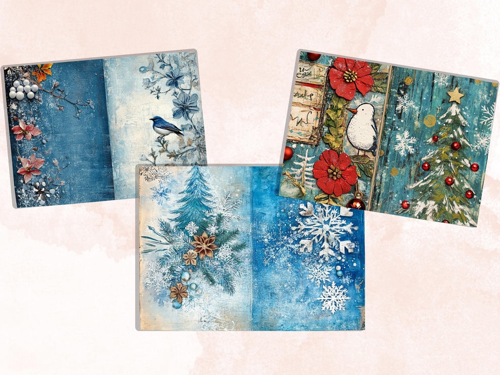 Blue Christmas Junk Journal Kit, Whimsical Noel Pages Ephemera, Mixed Media Collage Sheet, Xmas Scrapbook Paper, Winter Christmas ATC Card