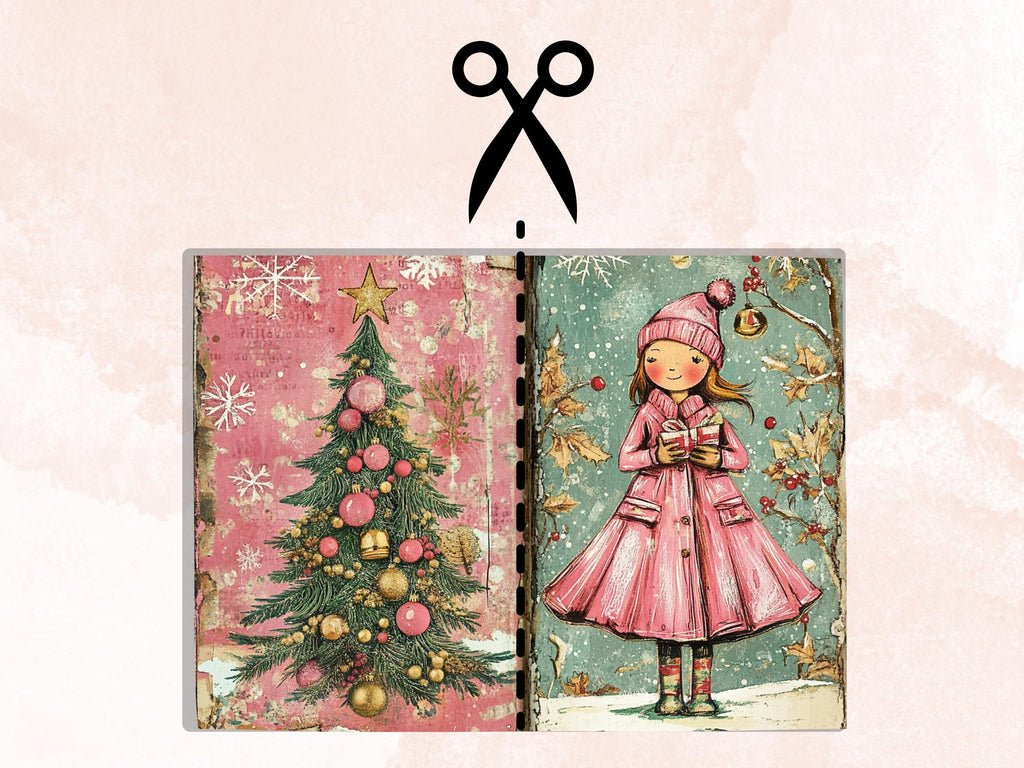 Pink Christmas Junk Journal Kit, Whimsical Noel Pages Ephemera, Mixed Media Collage Sheet, Xmas Scrapbook Paper, Pastel Christmas ATC Card