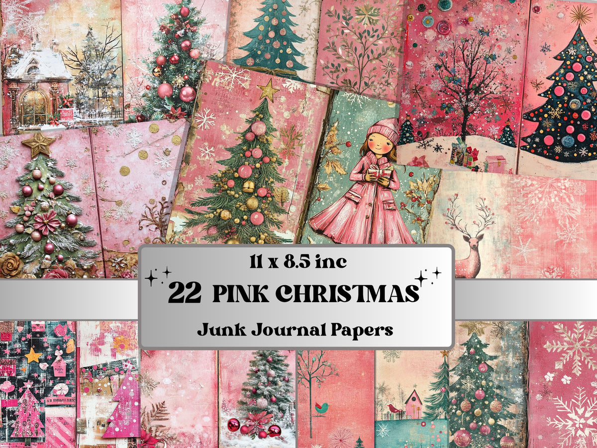 Pink Christmas Junk Journal Kit, Whimsical Noel Pages Ephemera, Mixed Media Collage Sheet, Xmas Scrapbook Paper, Pastel Christmas ATC Card