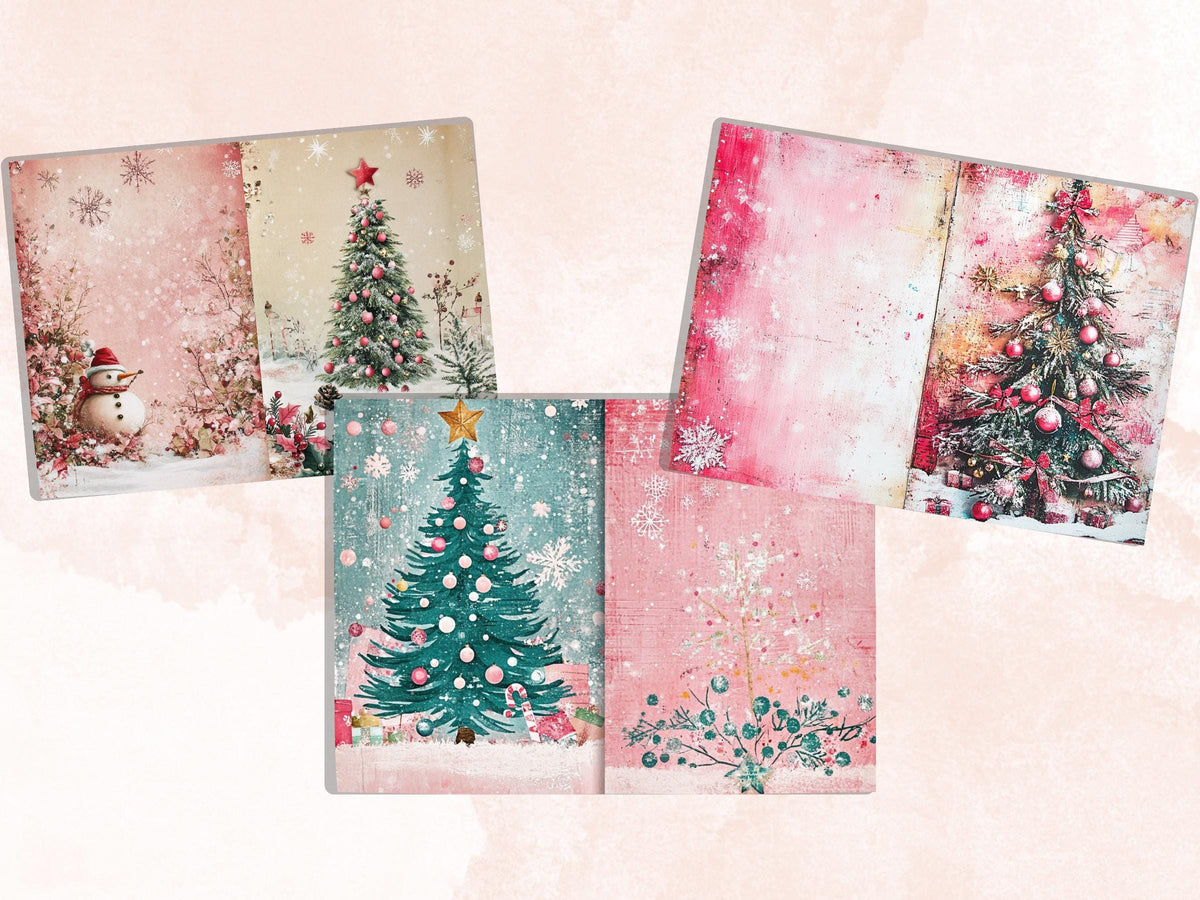 Pink Christmas Junk Journal Kit, Whimsical Noel Pages Ephemera, Mixed Media Collage Sheet, Xmas Scrapbook Paper, Pastel Christmas ATC Card