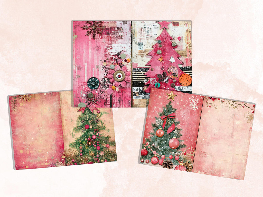 Pink Christmas Junk Journal Kit, Whimsical Noel Pages Ephemera, Mixed Media Collage Sheet, Xmas Scrapbook Paper, Pastel Christmas ATC Card