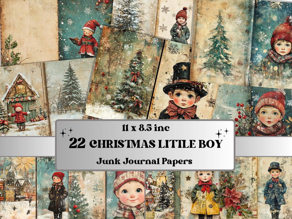 Christmas Little Boy Junk Journal Kit, Winter Noel Kids Pages Ephemera, Mixed Media Collage Sheet, Xmas Scrapbook Paper, Christmas ATC Card