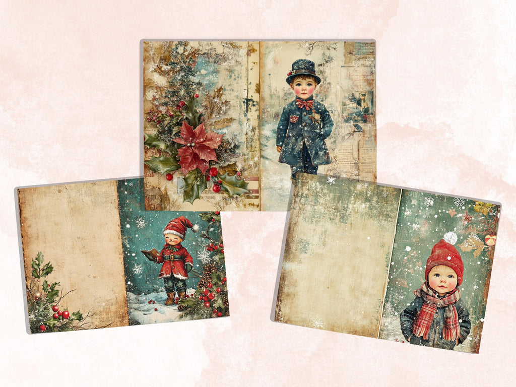 Christmas Little Boy Junk Journal Kit, Winter Noel Kids Pages Ephemera, Mixed Media Collage Sheet, Xmas Scrapbook Paper, Christmas ATC Card