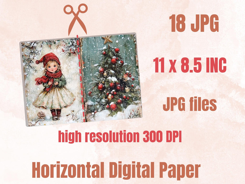Christmas Little Girl Junk Journal Kit, Winter Noel Kids Pages Ephemera, Mixed Media Collage Sheet, Xmas Scrapbook Paper, Christmas ATC Card