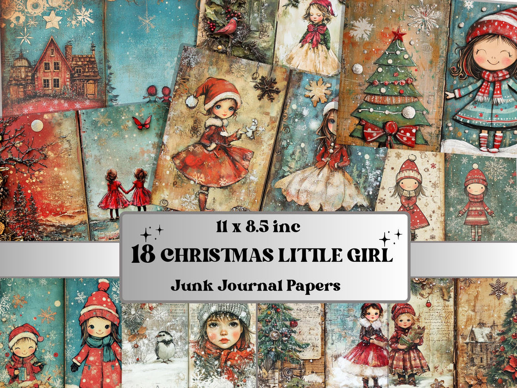 Christmas Little Girl Junk Journal Kit, Winter Noel Kids Pages Ephemera, Mixed Media Collage Sheet, Xmas Scrapbook Paper, Christmas ATC Card