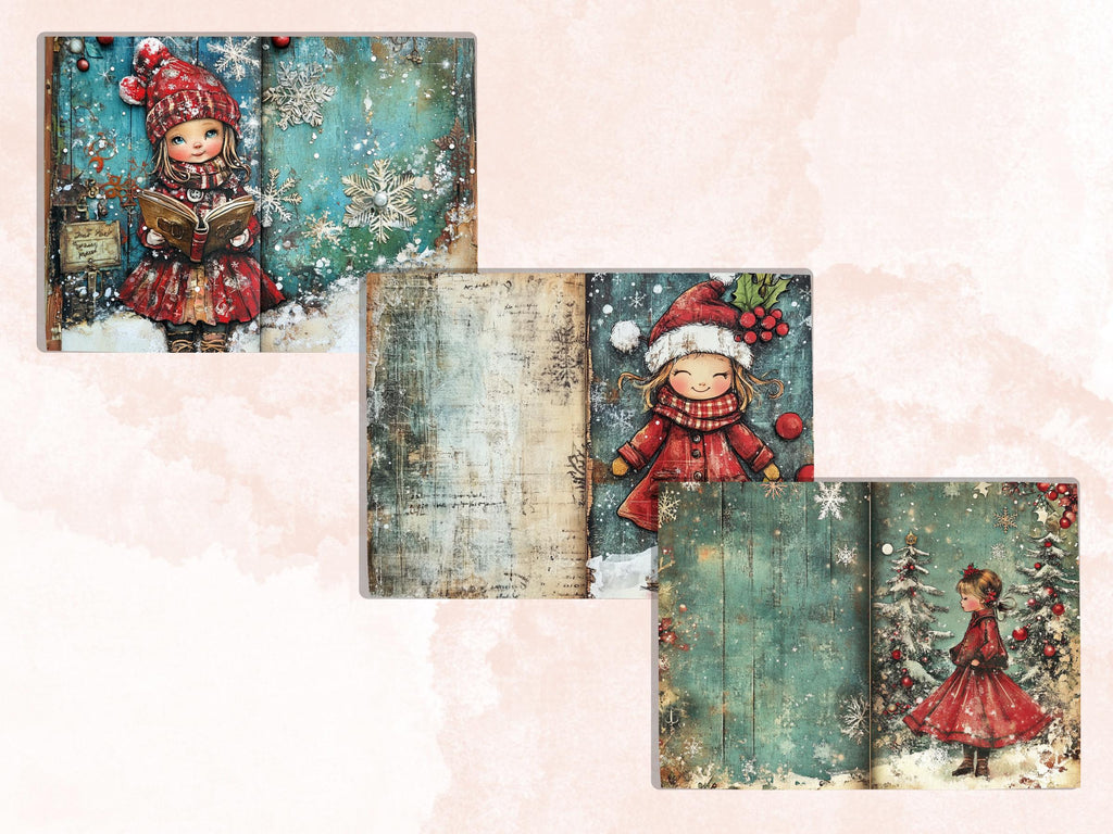 Christmas Little Girl Junk Journal Kit, Winter Noel Kids Pages Ephemera, Mixed Media Collage Sheet, Xmas Scrapbook Paper, Christmas ATC Card