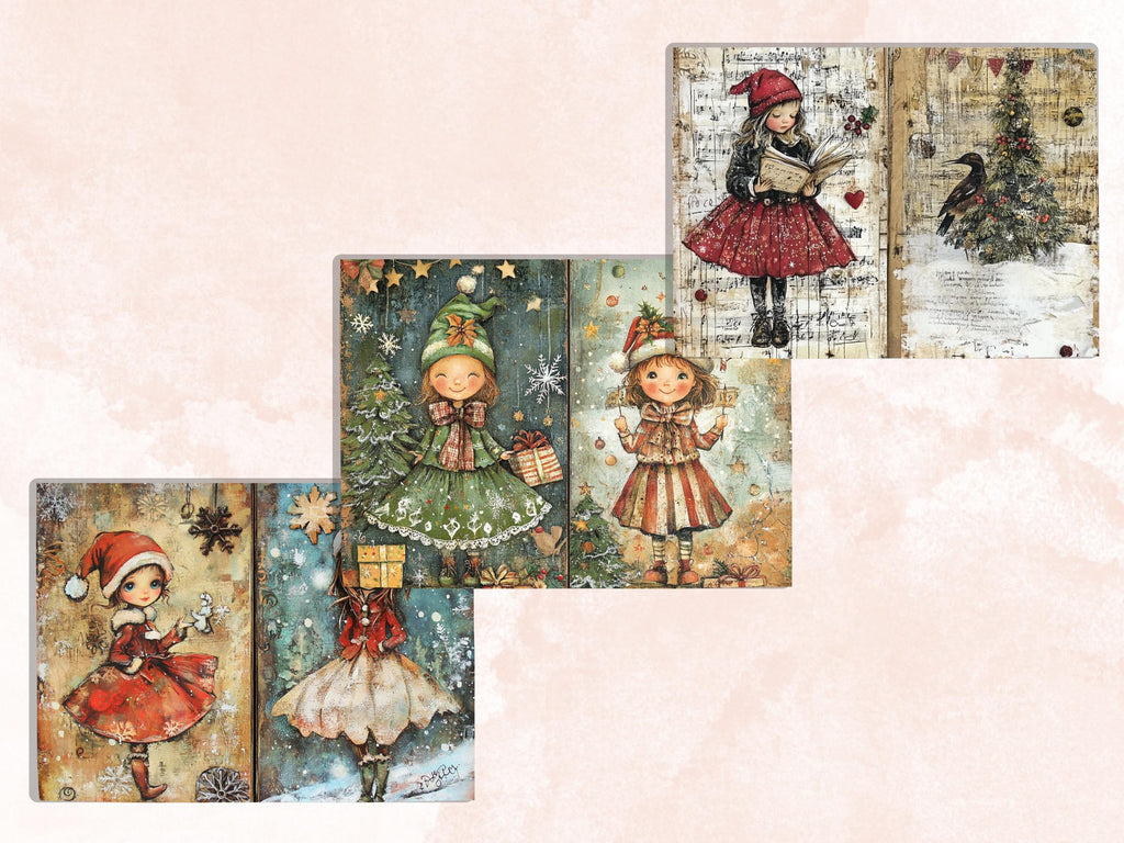 Christmas Little Girl Junk Journal Kit, Winter Noel Kids Pages Ephemera, Mixed Media Collage Sheet, Xmas Scrapbook Paper, Christmas ATC Card