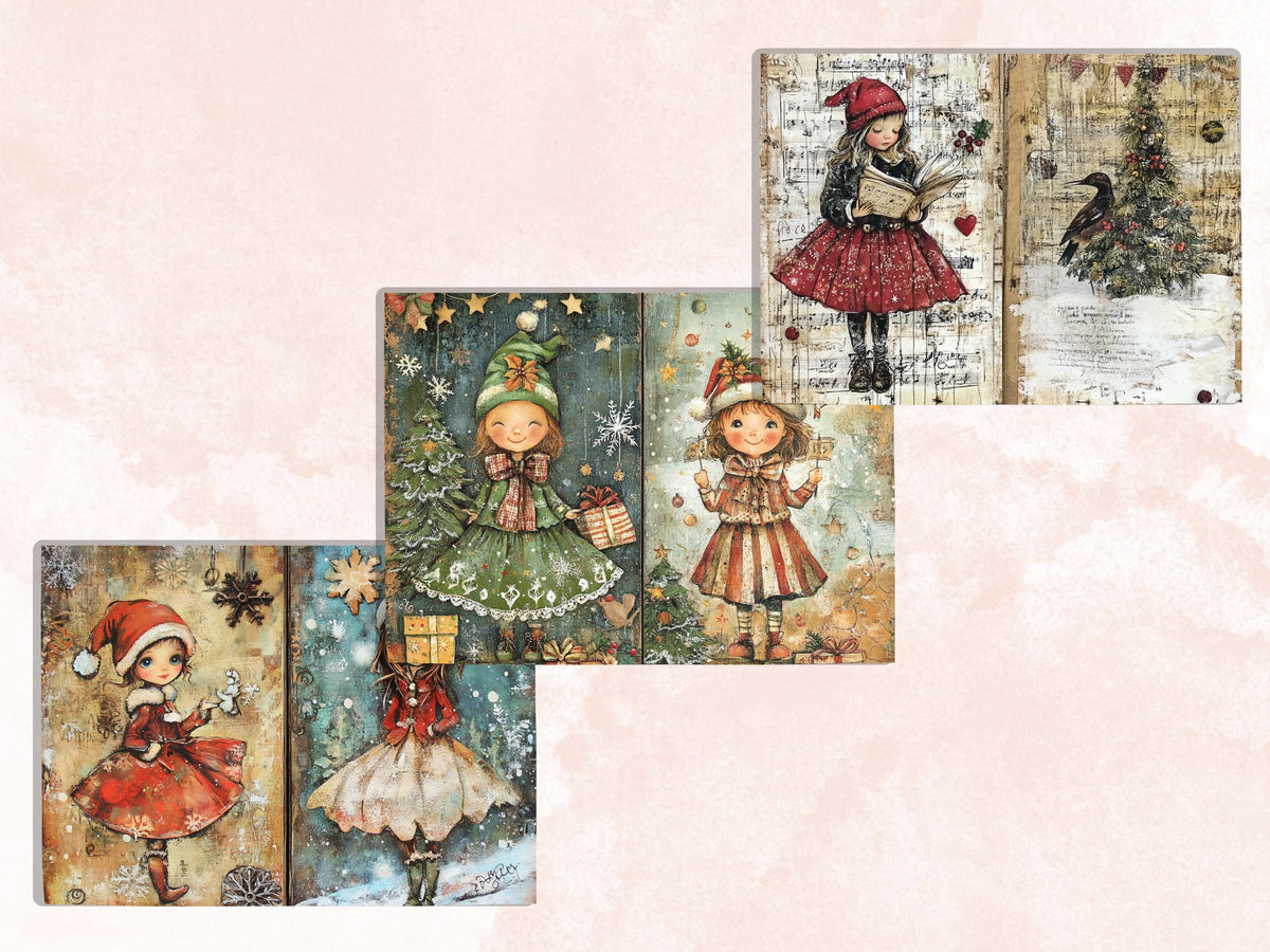 Christmas Little Girl Junk Journal Kit, Winter Noel Kids Pages Ephemera, Mixed Media Collage Sheet, Xmas Scrapbook Paper, Christmas ATC Card
