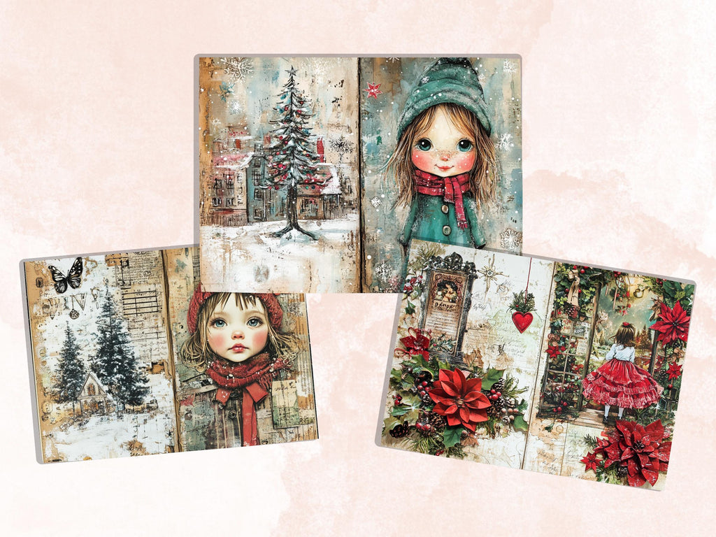 Christmas Little Girl Junk Journal Kit, Winter Noel Kids Pages Ephemera, Mixed Media Collage Sheet, Xmas Scrapbook Paper, Christmas ATC Card