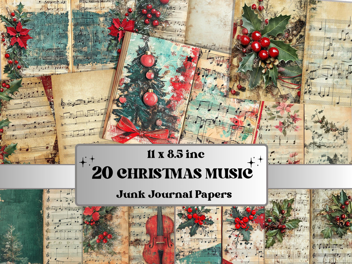Christmas Sheet Music Junk Journal Kit, Noel Music Notes Pages Ephemera, Mixed Media Collage Sheet, Xmas Scrapbook Paper, Christmas ATC Card