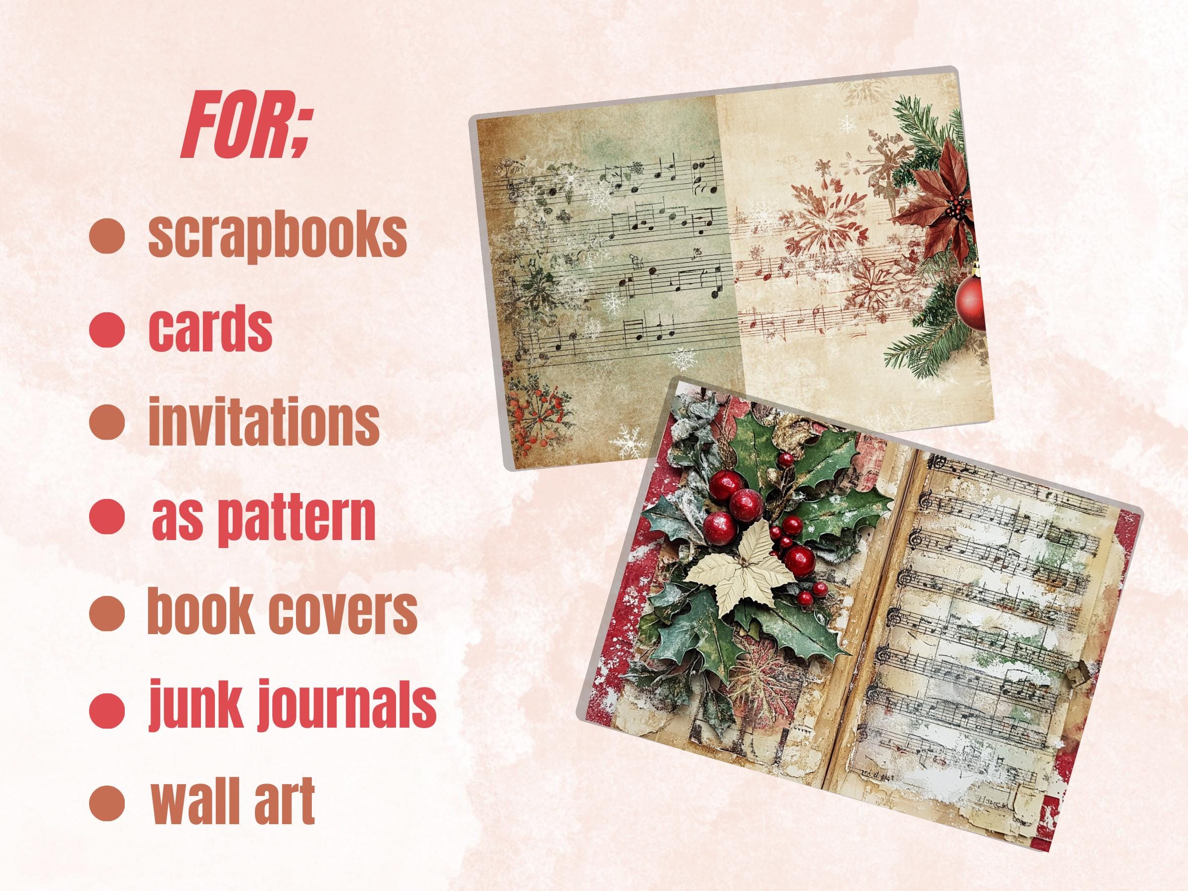 Christmas Sheet Music Junk Journal Kit, Noel Music Notes Pages Ephemera, Mixed Media Collage Sheet, Xmas Scrapbook Paper, Christmas ATC Card