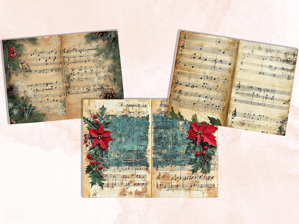 Christmas Sheet Music Junk Journal Kit, Noel Music Notes Pages Ephemera, Mixed Media Collage Sheet, Xmas Scrapbook Paper, Christmas ATC Card
