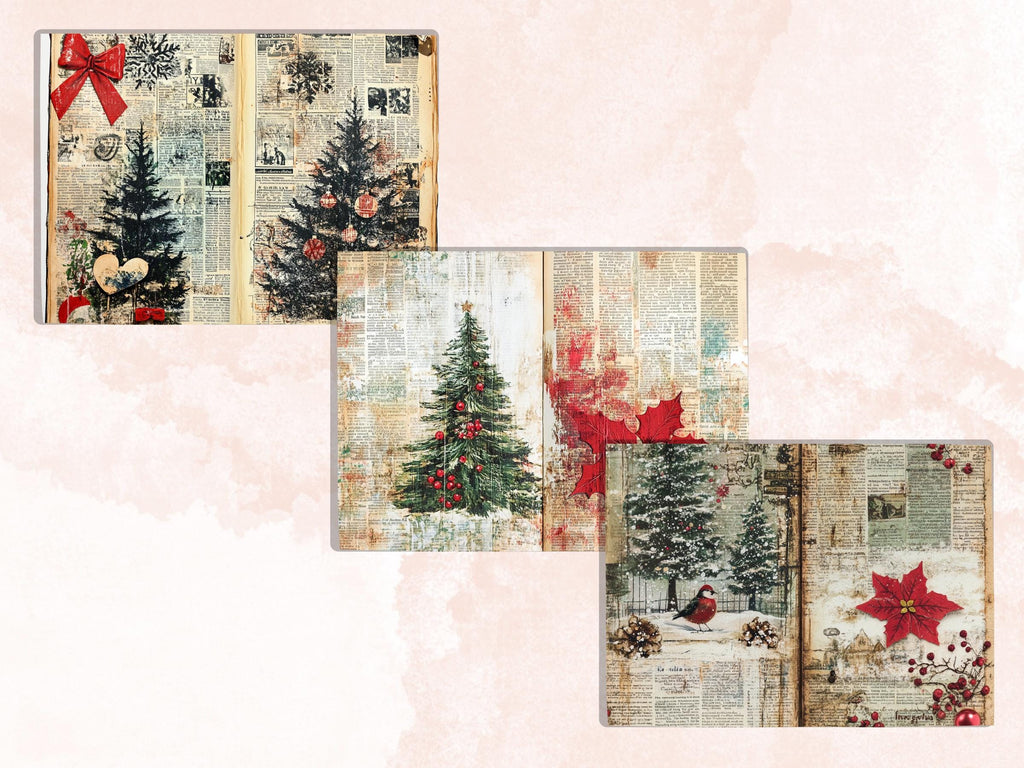 Christmas Newspaper Junk Journal Kit, Noel Patchwork Pages Ephemera, Mixed Media Collage Sheet, Xmas Scrapbook Paper, Christmas ATC Card