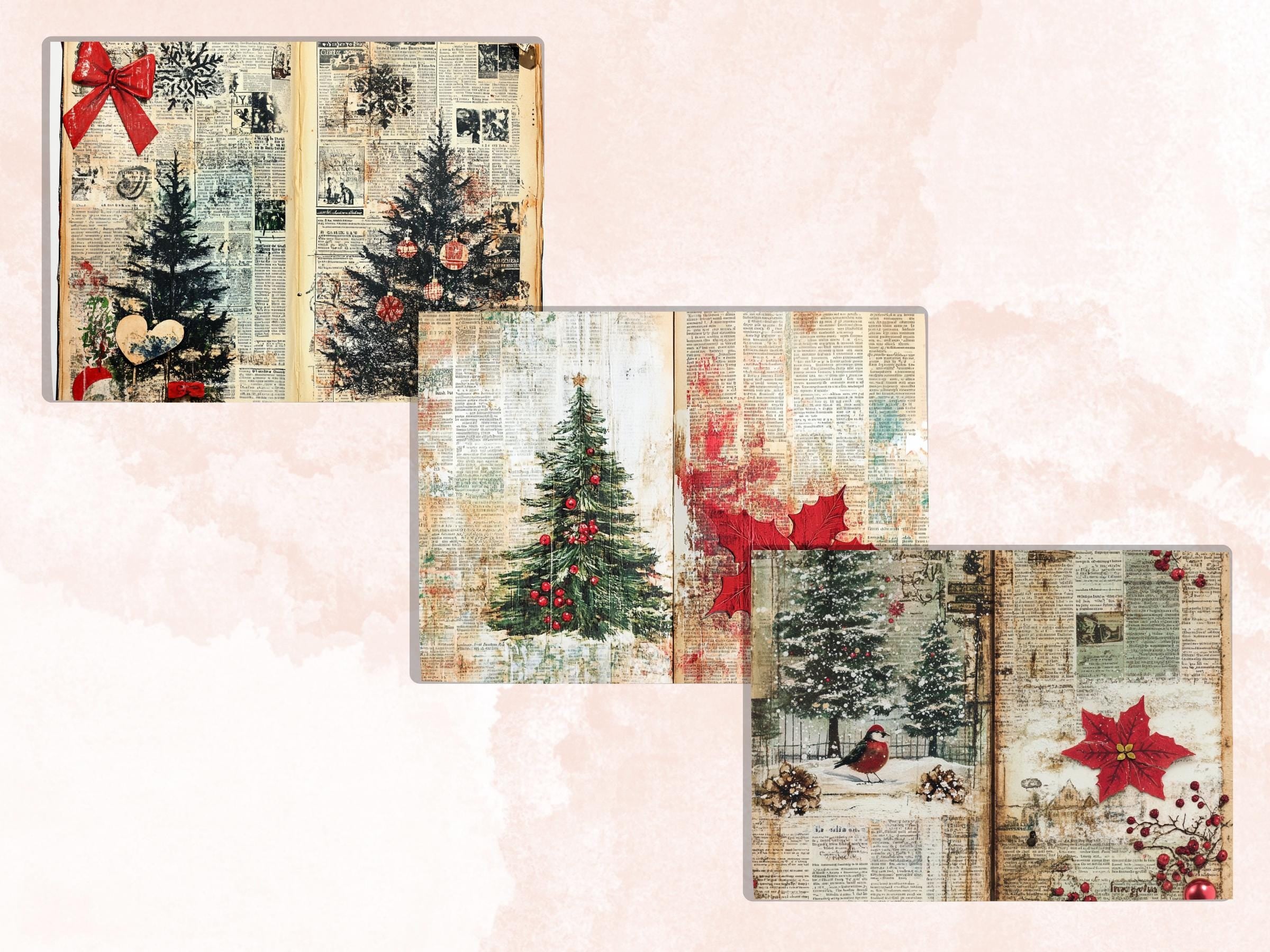 Christmas Newspaper Junk Journal Kit, Noel Patchwork Pages Ephemera, Mixed Media Collage Sheet, Xmas Scrapbook Paper, Christmas ATC Card