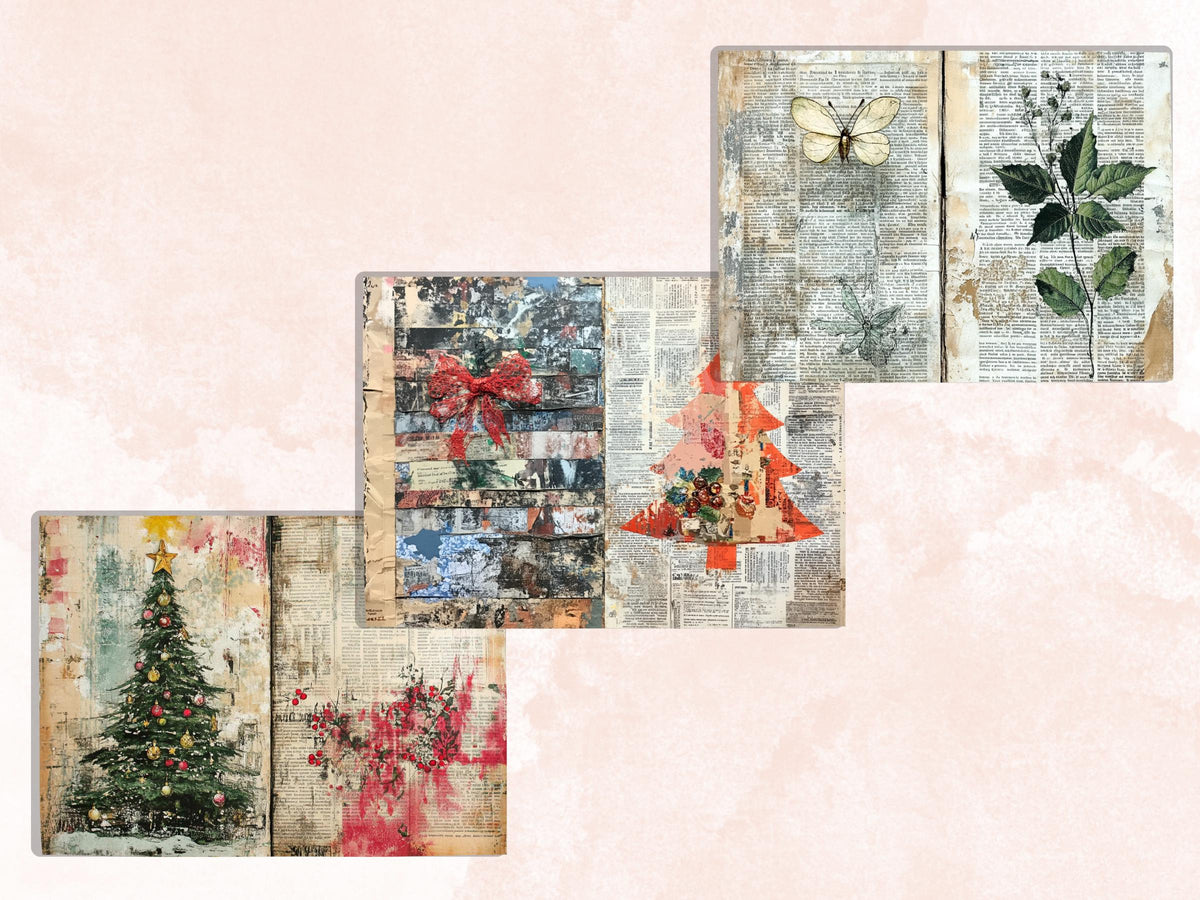 Christmas Newspaper Junk Journal Kit, Noel Patchwork Pages Ephemera, Mixed Media Collage Sheet, Xmas Scrapbook Paper, Christmas ATC Card