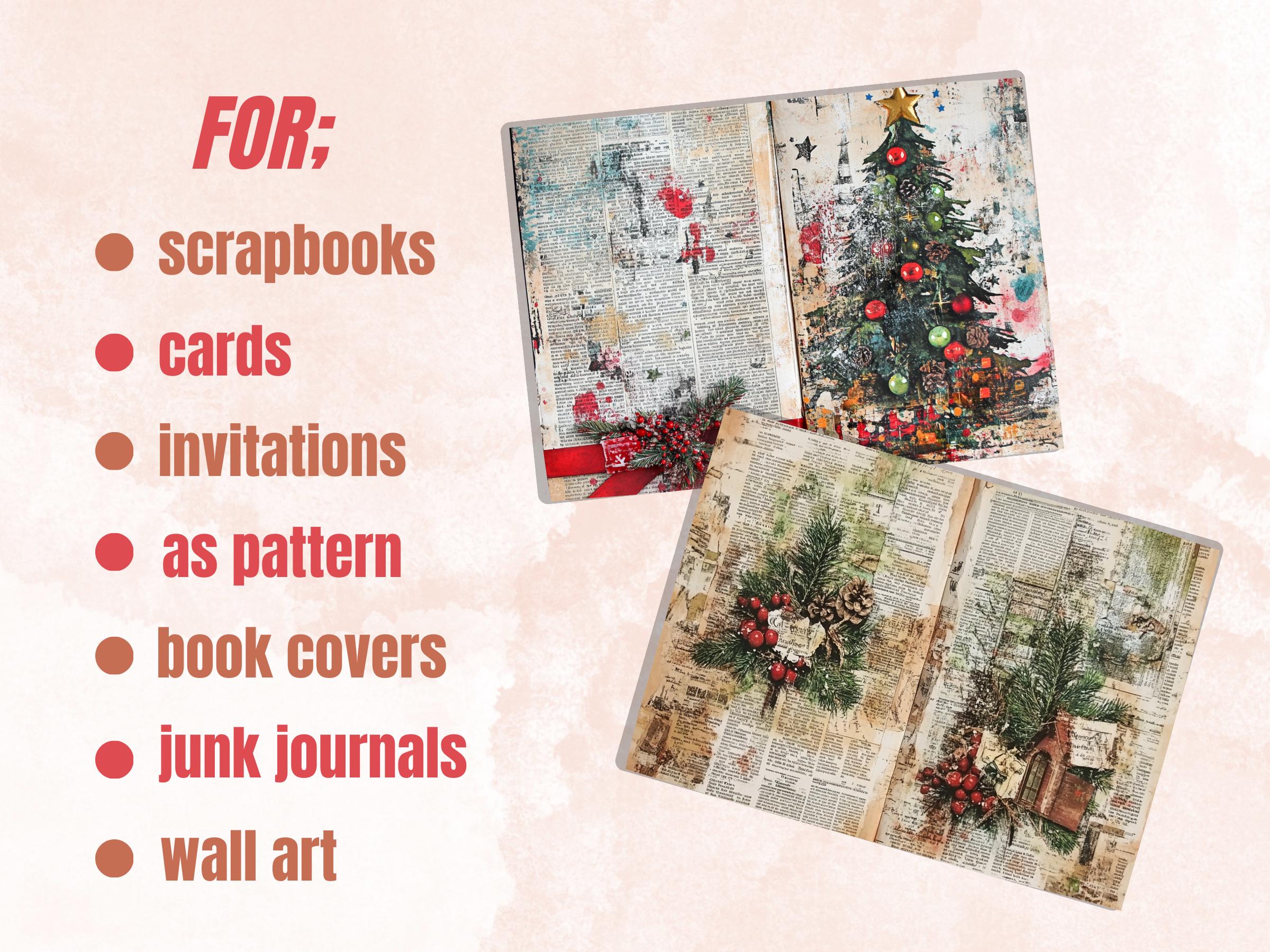 Christmas Newspaper Junk Journal Kit, Noel Patchwork Pages Ephemera, Mixed Media Collage Sheet, Xmas Scrapbook Paper, Christmas ATC Card