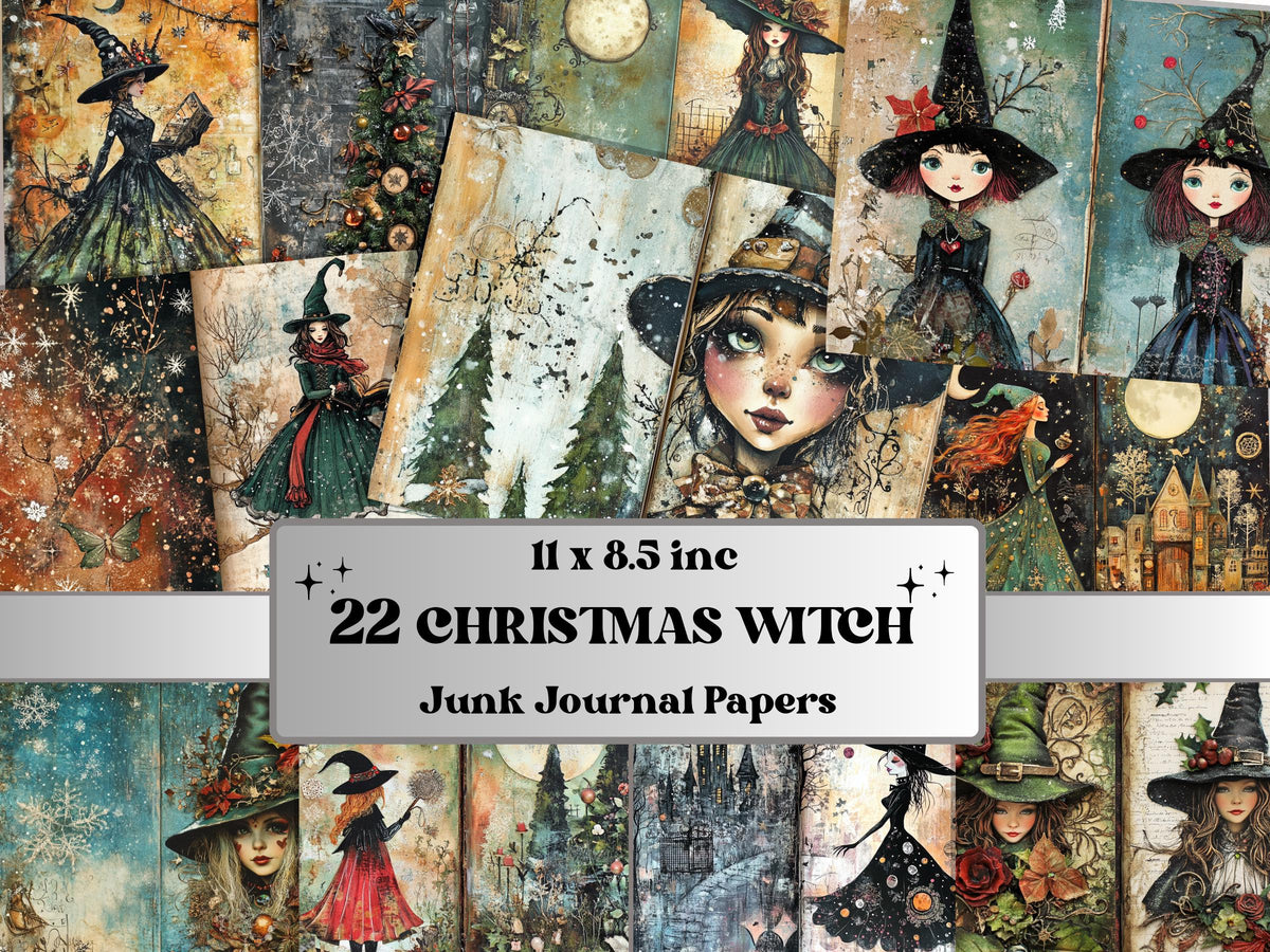 Christmas Witch Junk Journal Kit, Gothic Noel Witchcraft Pages Ephemera, Mixed Media Collage Sheet, Xmas Scrapbook Paper, Christmas ATC Card