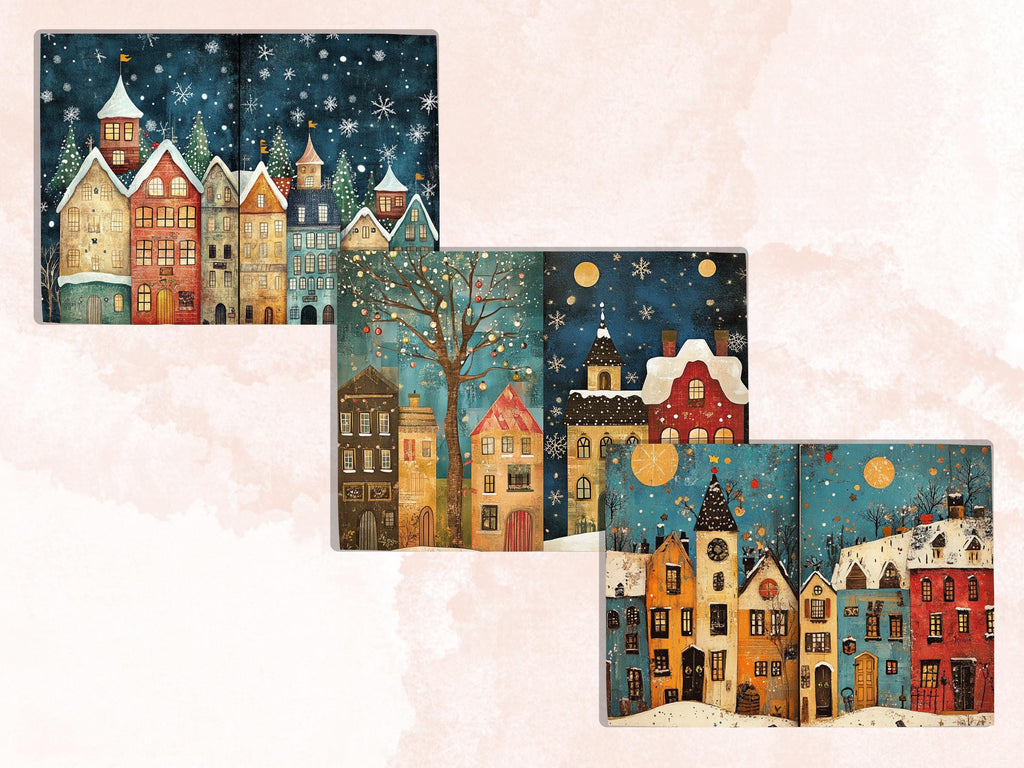 Christmas Houses Junk Journal Kit, Quirky Noel Houses Ephemera, Mixed Media Collage Sheet, Xmas Scrapbook Paper, Winter Christmas ATC Card