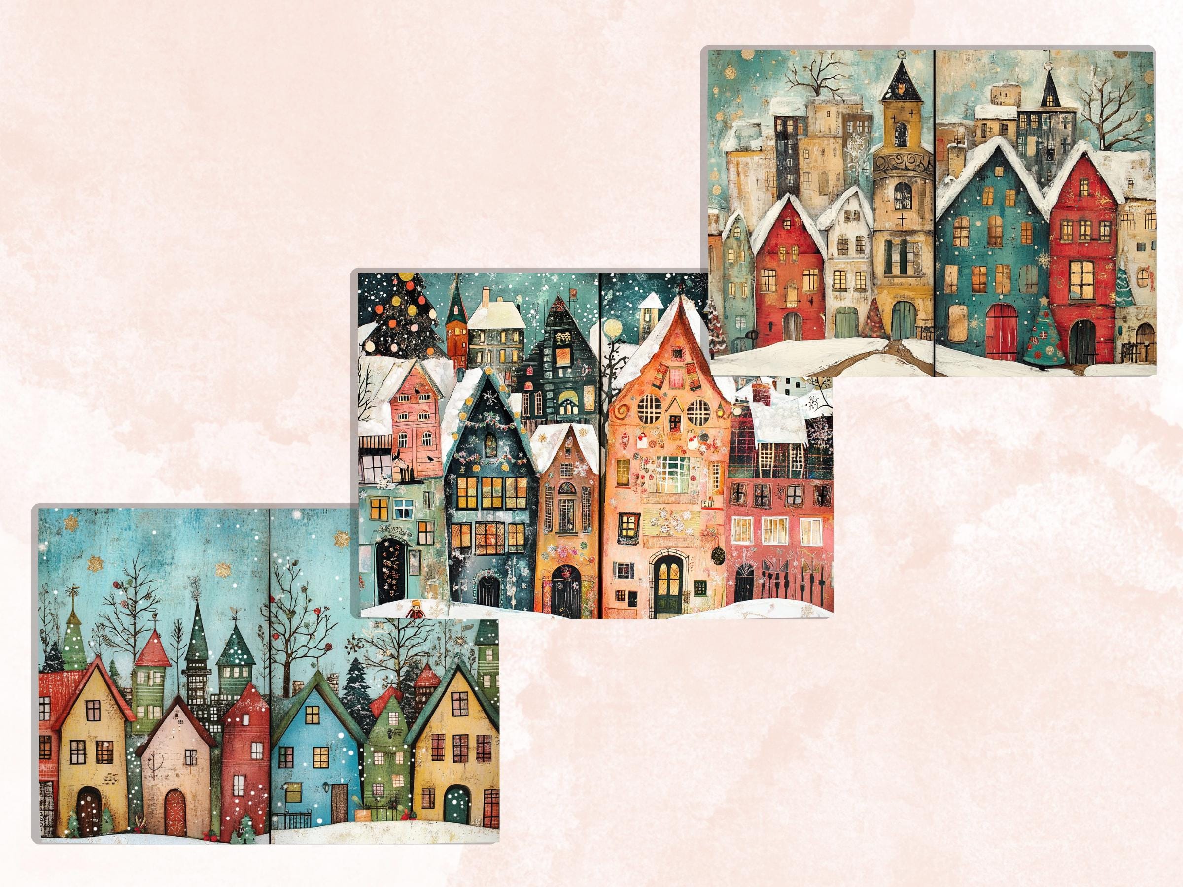 Christmas Houses Junk Journal Kit, Quirky Noel Houses Ephemera, Mixed Media Collage Sheet, Xmas Scrapbook Paper, Winter Christmas ATC Card