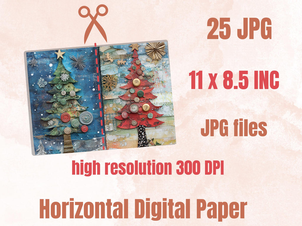 Christmas Tree Junk Journal Kit, Quirky Noel Tree Ephemera, Mixed Media Collage Sheet, Xmas Scrapbook Paper, Whimsical Christmas ATC Card