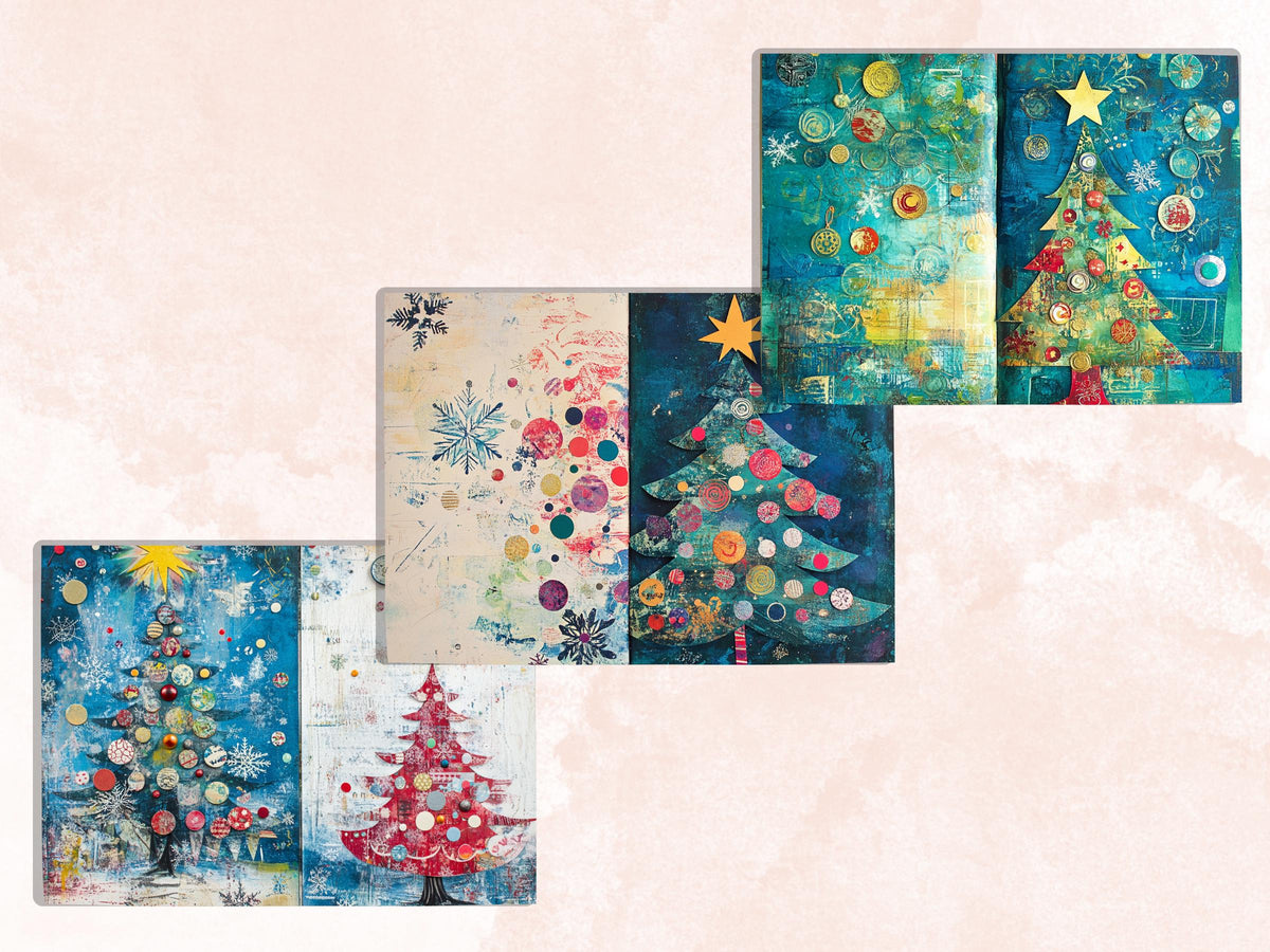 Christmas Tree Junk Journal Kit, Quirky Noel Tree Ephemera, Mixed Media Collage Sheet, Xmas Scrapbook Paper, Whimsical Christmas ATC Card