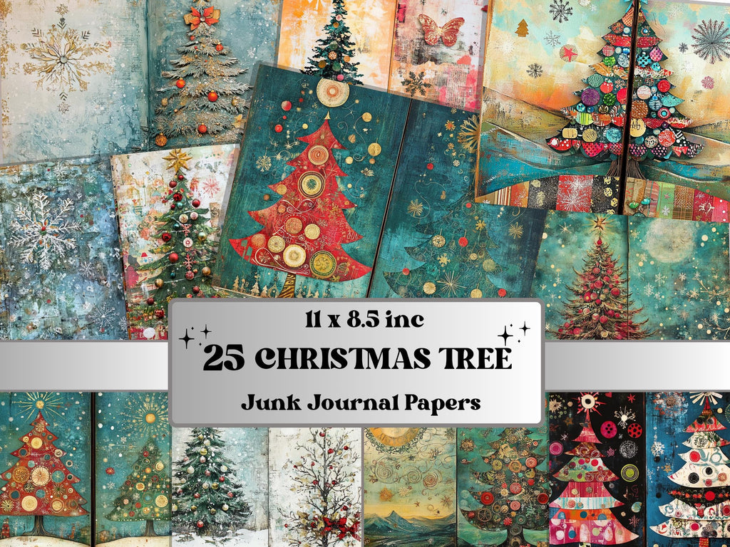 Christmas Tree Junk Journal Kit, Quirky Noel Tree Ephemera, Mixed Media Collage Sheet, Xmas Scrapbook Paper, Whimsical Christmas ATC Card