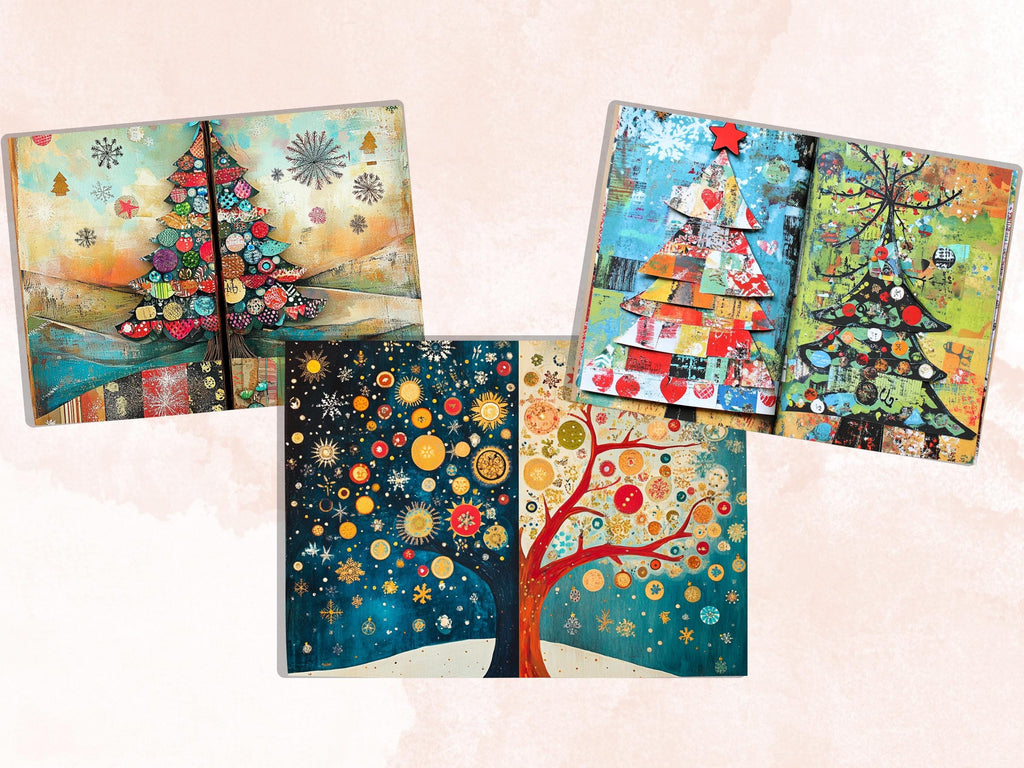 Christmas Tree Junk Journal Kit, Quirky Noel Tree Ephemera, Mixed Media Collage Sheet, Xmas Scrapbook Paper, Whimsical Christmas ATC Card