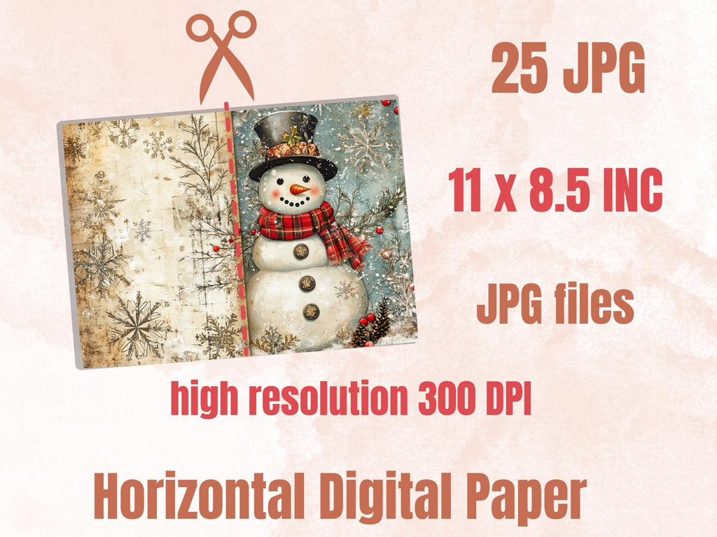 Christmas Snowman Junk Journal Kit, Whimsical Noel Ephemera, Mixed Media Collage Sheet, Xmas Scrapbook Paper, Winter Christmas ATC Card