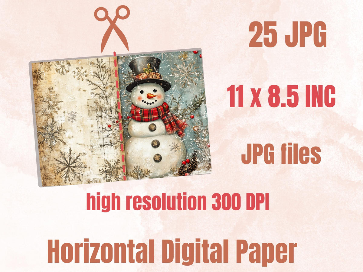 Christmas Snowman Junk Journal Kit, Whimsical Noel Ephemera, Mixed Media Collage Sheet, Xmas Scrapbook Paper, Winter Christmas ATC Card
