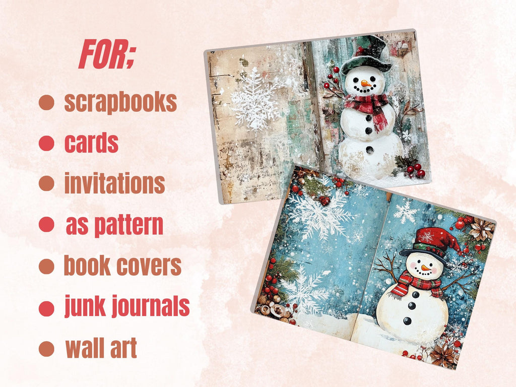 Christmas Snowman Junk Journal Kit, Whimsical Noel Ephemera, Mixed Media Collage Sheet, Xmas Scrapbook Paper, Winter Christmas ATC Card