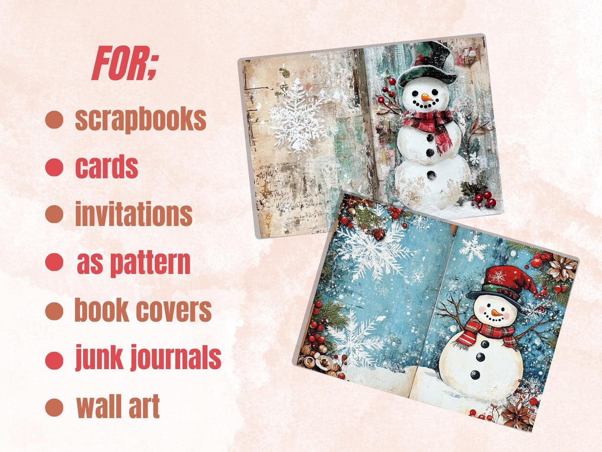 Christmas Snowman Junk Journal Kit, Whimsical Noel Ephemera, Mixed Media Collage Sheet, Xmas Scrapbook Paper, Winter Christmas ATC Card
