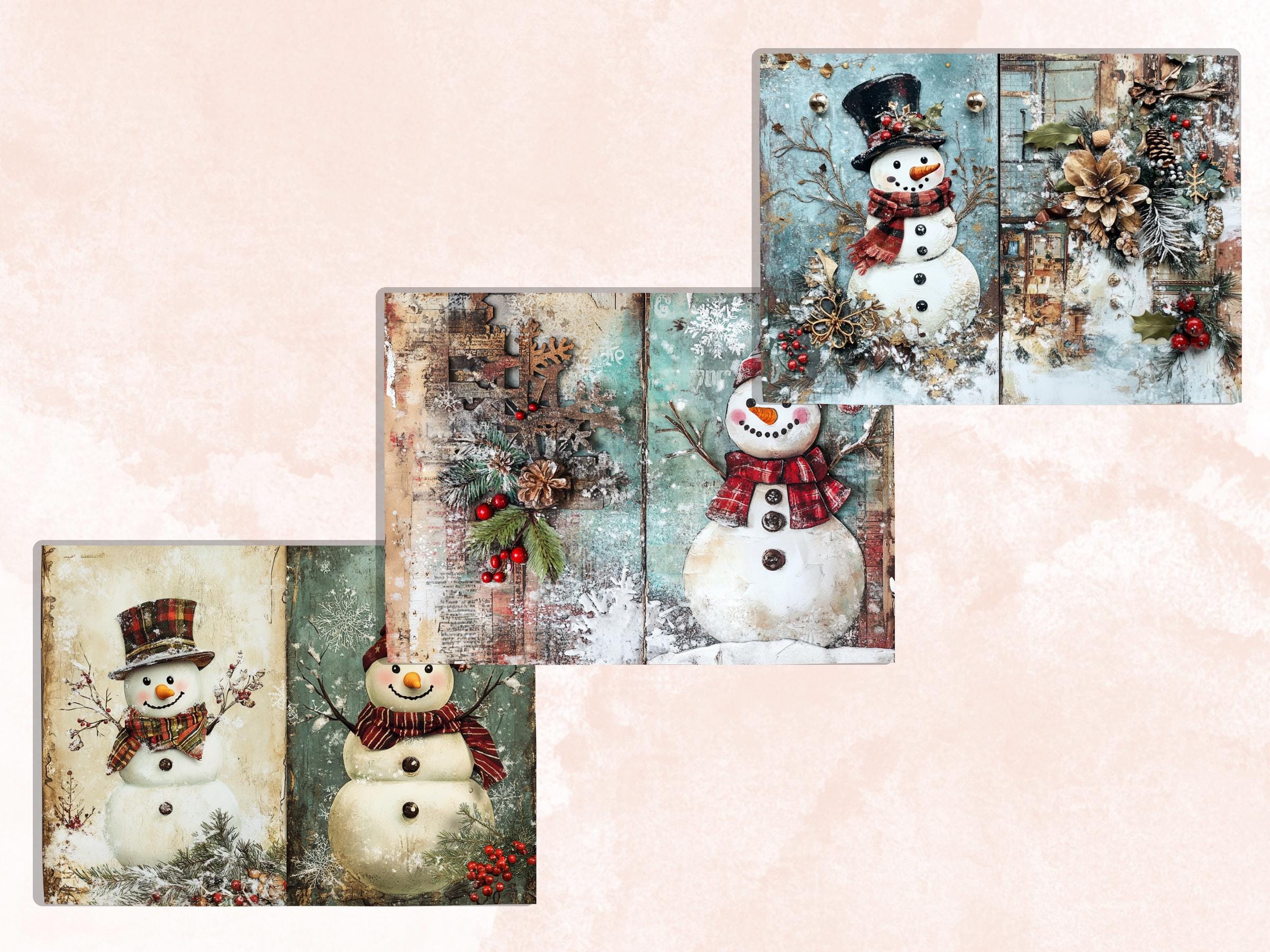 Christmas Snowman Junk Journal Kit, Whimsical Noel Ephemera, Mixed Media Collage Sheet, Xmas Scrapbook Paper, Winter Christmas ATC Card